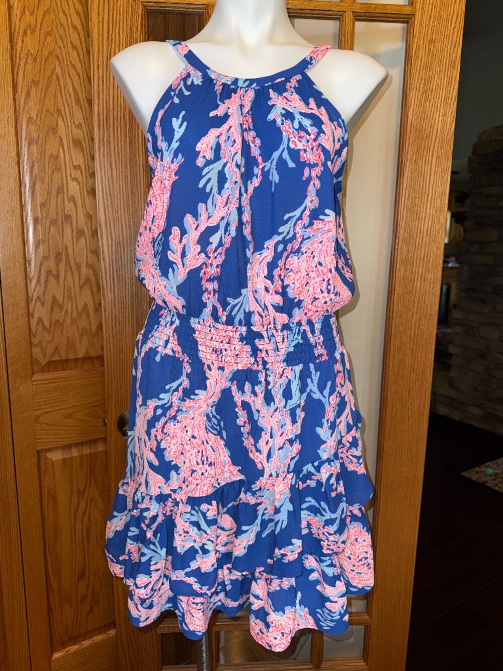 EUC LILLY PULITZER SIZE 8 PAMELYN DRESS BOREALIS bLUE SWIM ON OVER PRINT